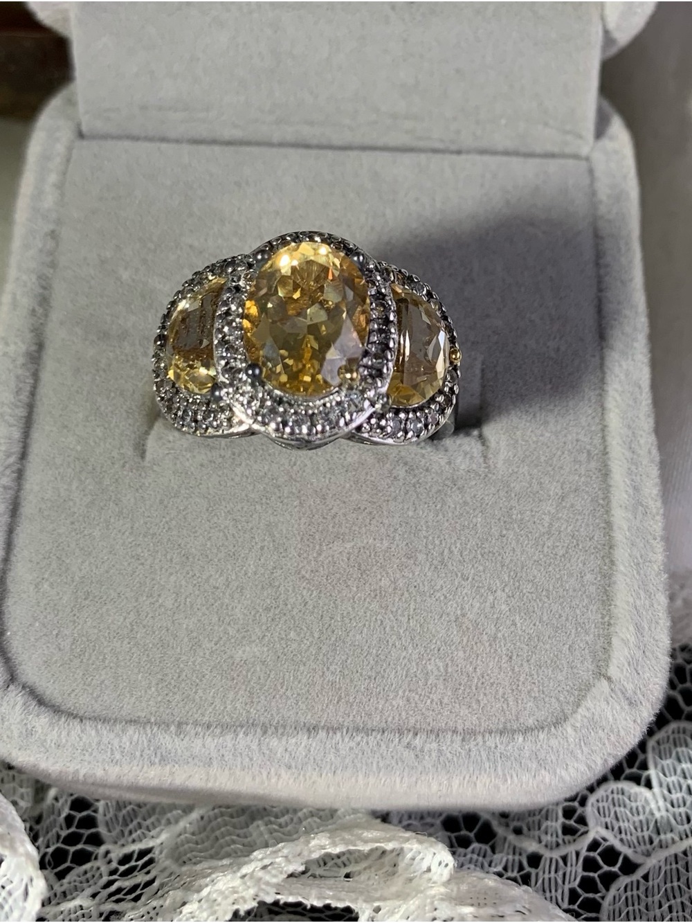 Vintage Sterling Silver Triple Oval citrine and cz Stone Halo Ring -